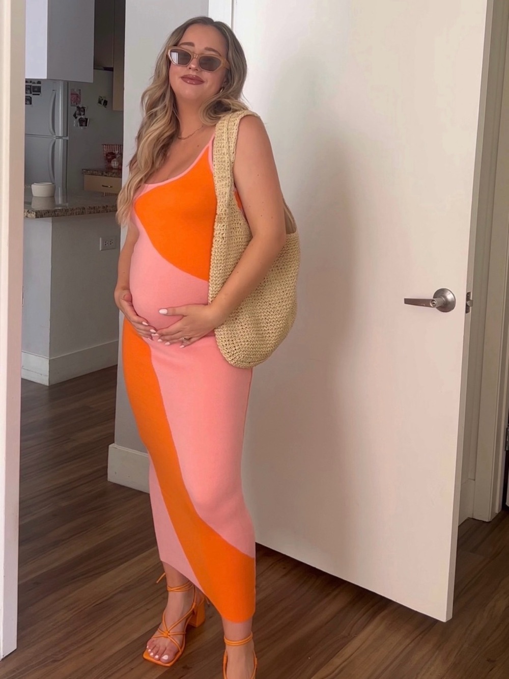 Color-Block Pink and Orange Sleeveless Bodycon Dress